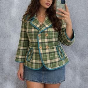 Vintage Y2K Tabitha Green Plaid Double Breasted Wool Blend Jacket Size Large
